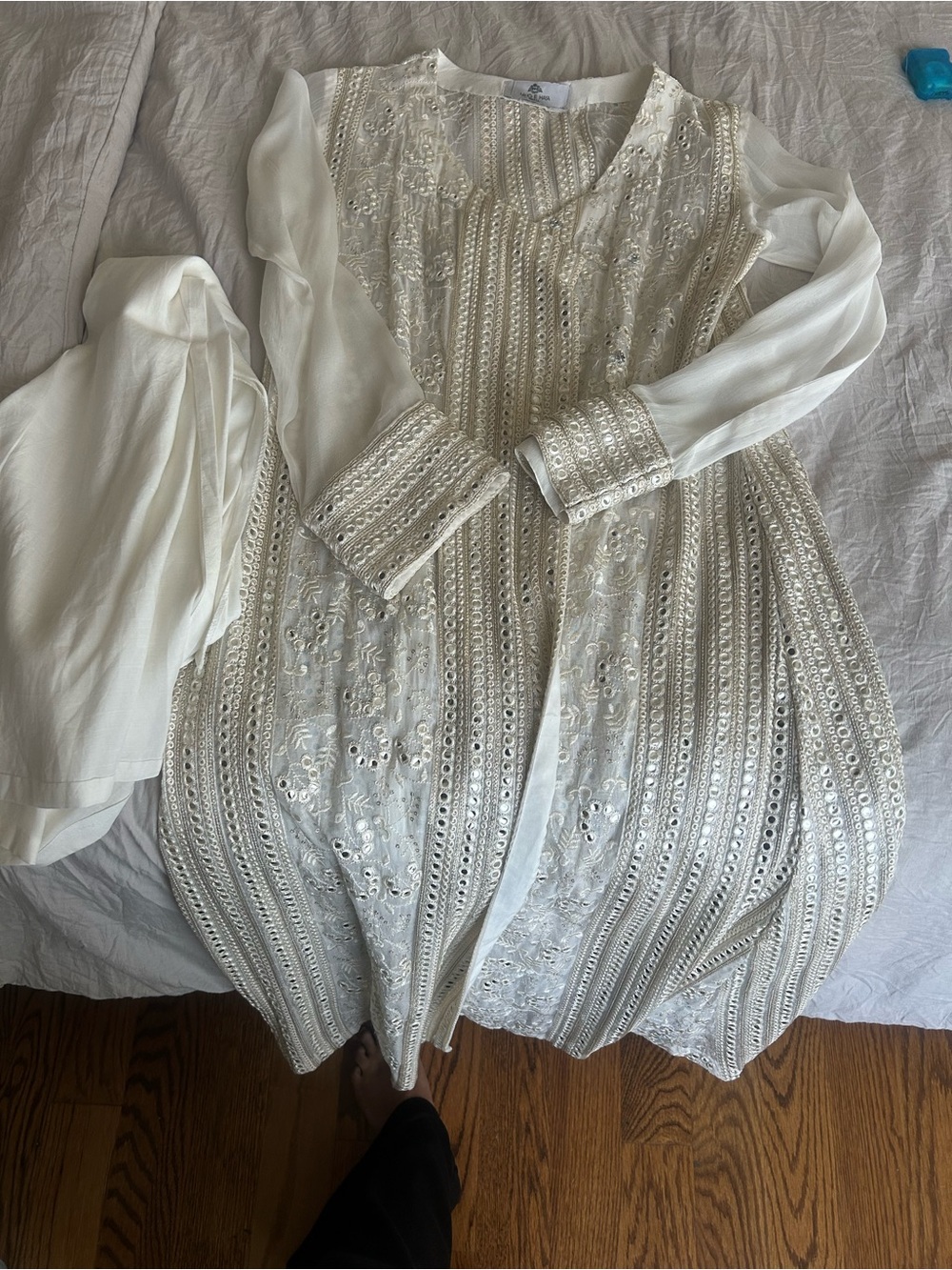 Embroidered Ivory Tunic Dress with Sheer Sleeves Pakistani Outfit